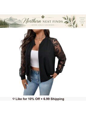 Plus Size Lace Zip Up Bomber Jacket Mesh Long Sleeve Outerwear